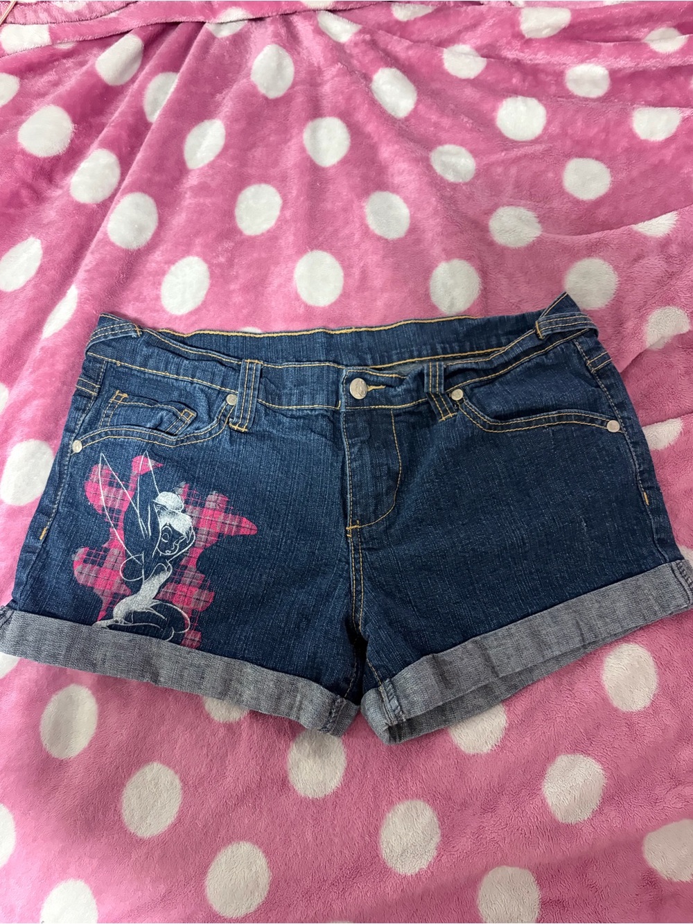 Dark Wash Denim Women’s Shorts with Pink Plaid Graphic